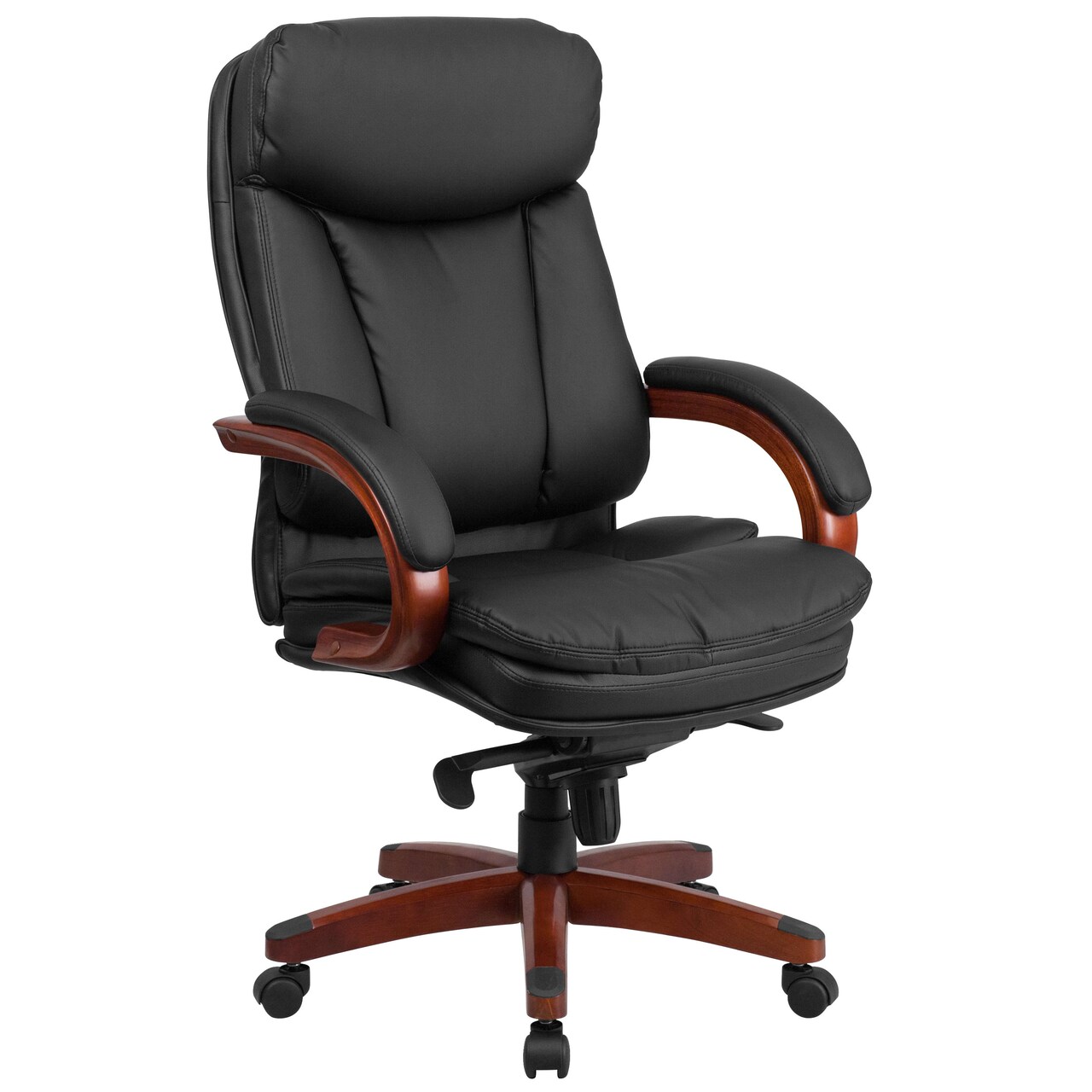 Emma and Oliver High Back Leather Executive Swivel Ergonomic Office Chair with Synchro-Tilt Mechanism, Mahogany Wood Base and Arms
